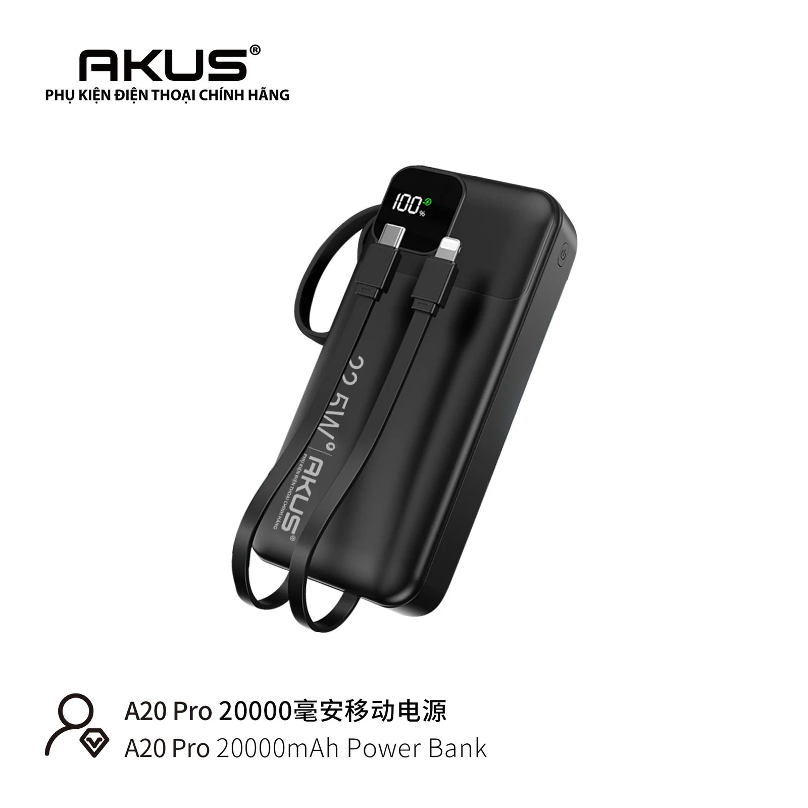Cận hai đầu dây Type-C và Lightning trên AKUS A20 Pro