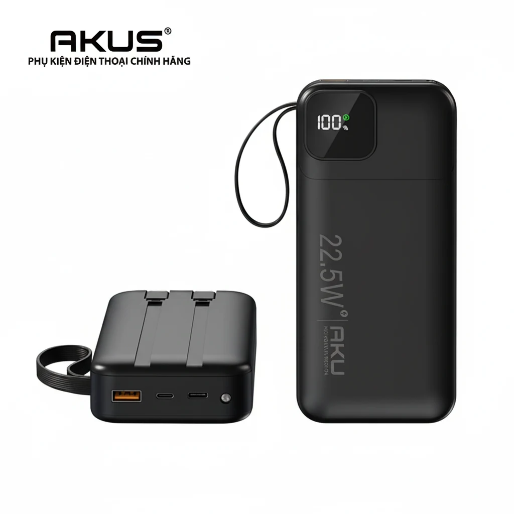 Hai góc thân máy và cạnh cổng kết nối AKUS A20 Pro đen