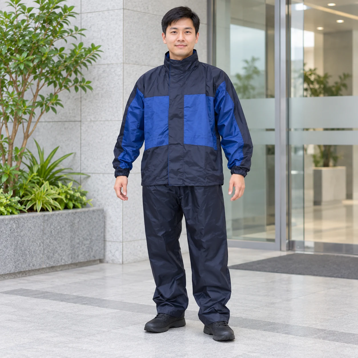 Dáng bộ áo khoác và quần mưa phối xanh dương cùng xanh đậm khi mặc