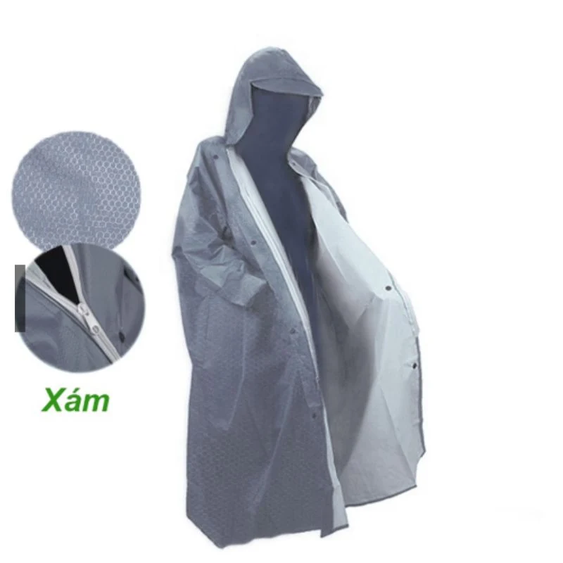 Bản áo mưa măng tô xám với chi tiết vân tổ ong và khóa trước