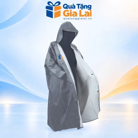 Áo mưa măng tô màu xám vân tổ ong, mở trước và mũ liền