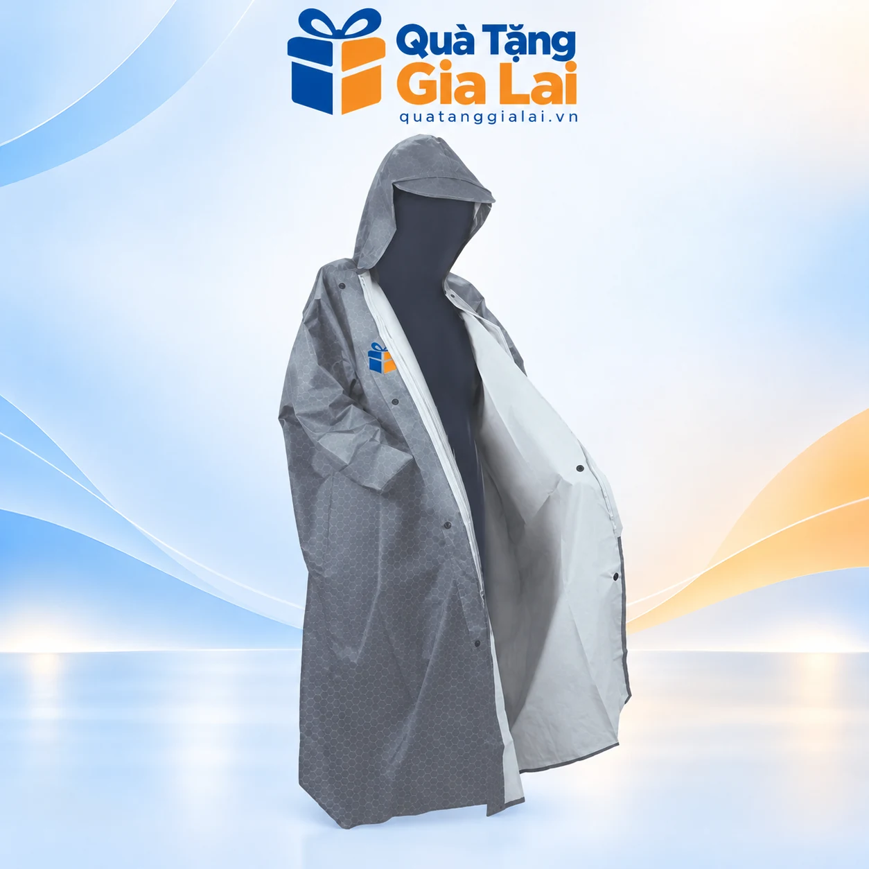 Áo mưa măng tô màu xám vân tổ ong, mở trước và mũ liền