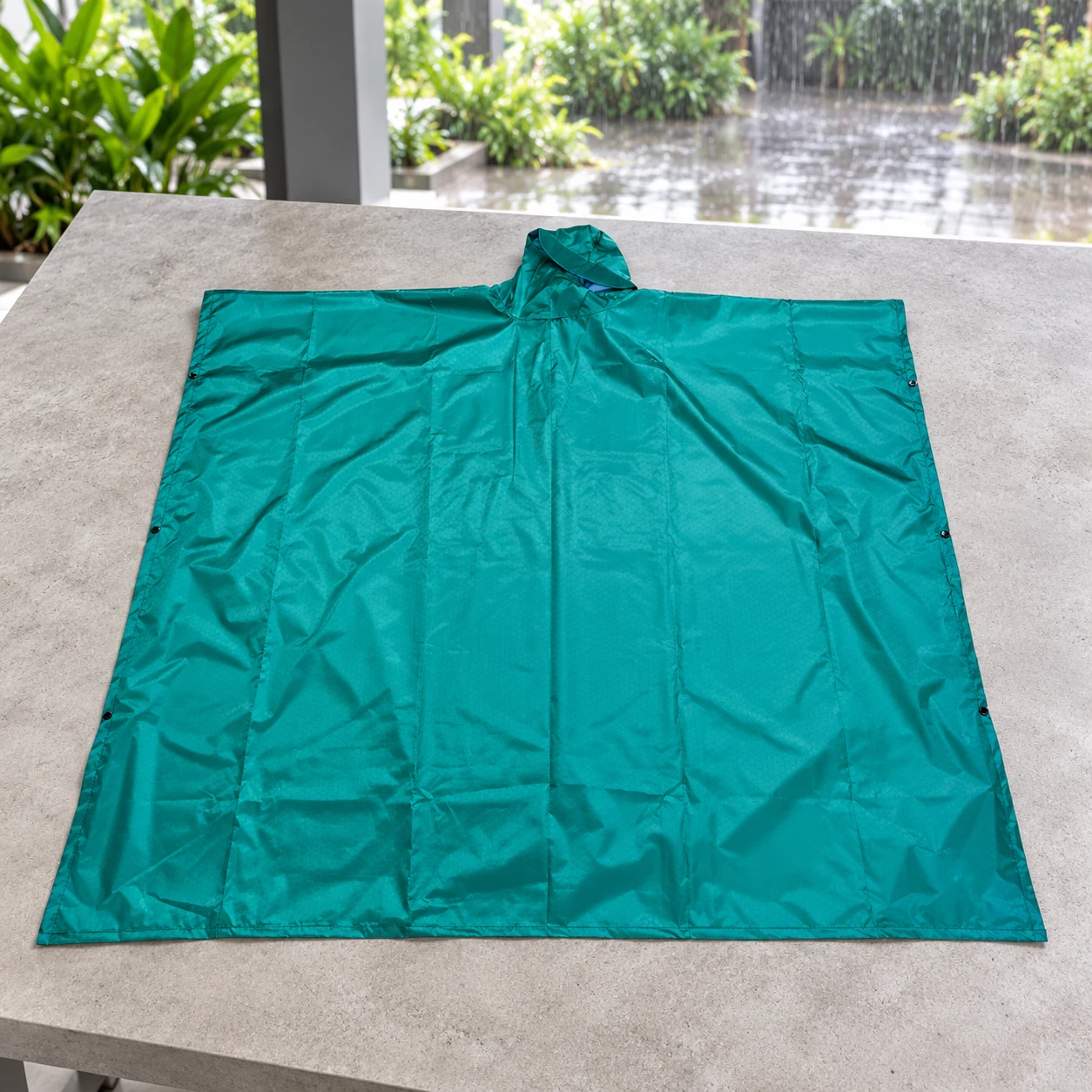Áo mưa poncho màu xanh trải trên bàn dưới mái hiên