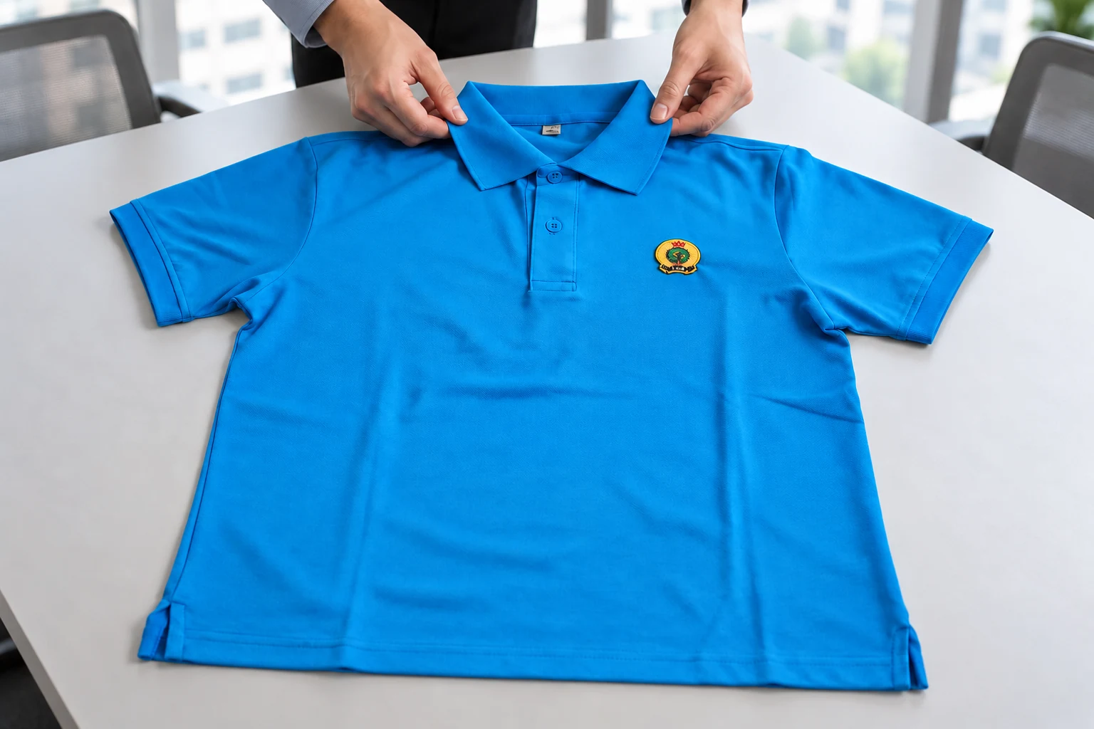 Xem cổ bẻ và nẹp cúc của áo polo xanh trên bàn