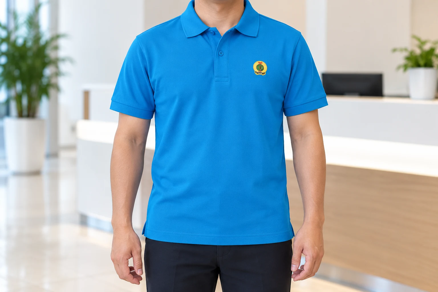 Áo polo xanh trong không gian tiếp khách công sở