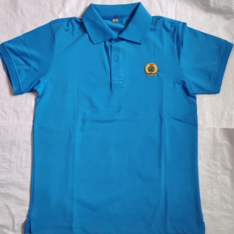 Áo polo xanh cổ bẻ với biểu tượng nhỏ ở ngực