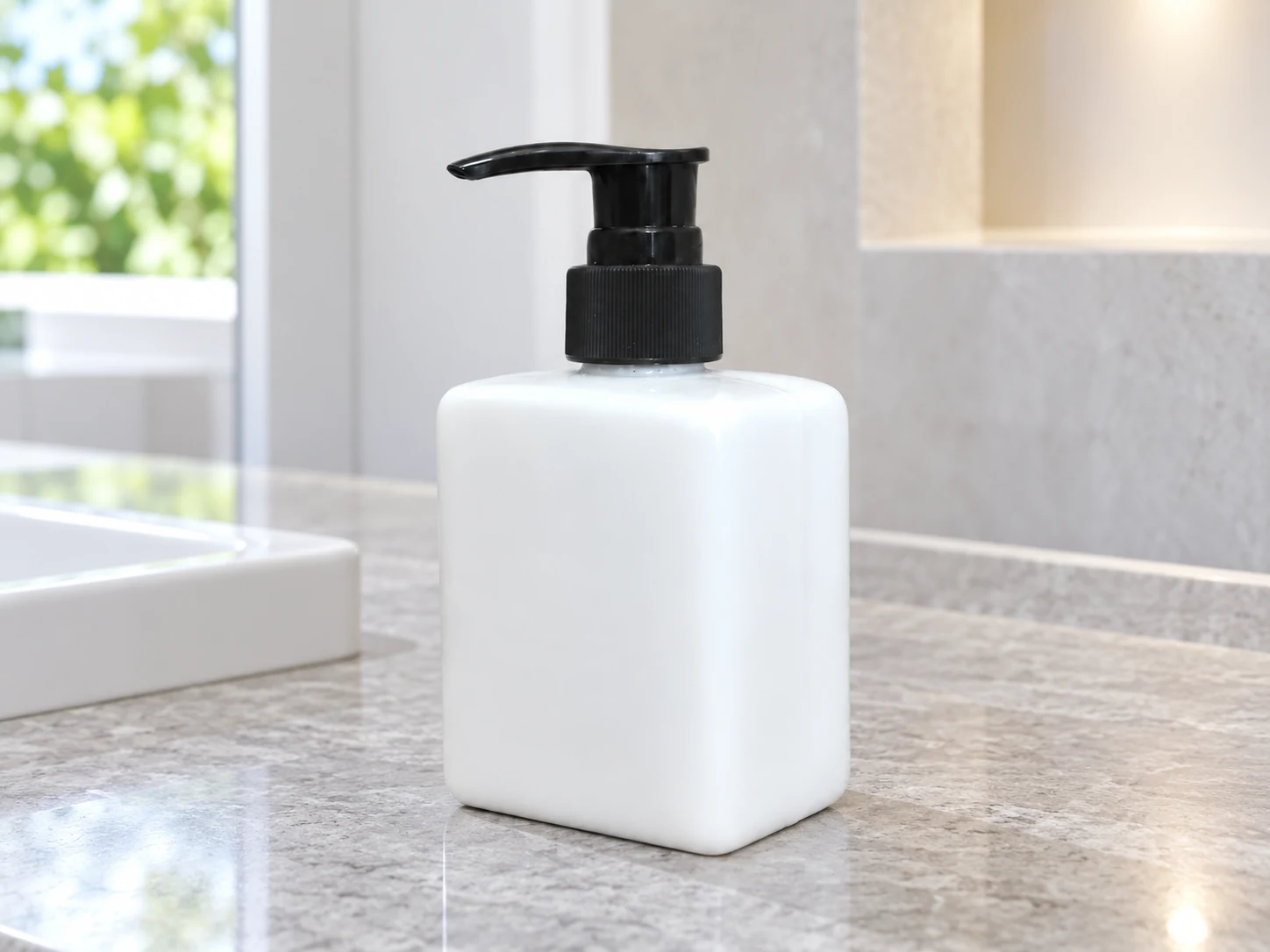 Bình chữ nhật 150 ml trắng trơn và vòi nhựa đen trên kệ phòng tắm sáng
