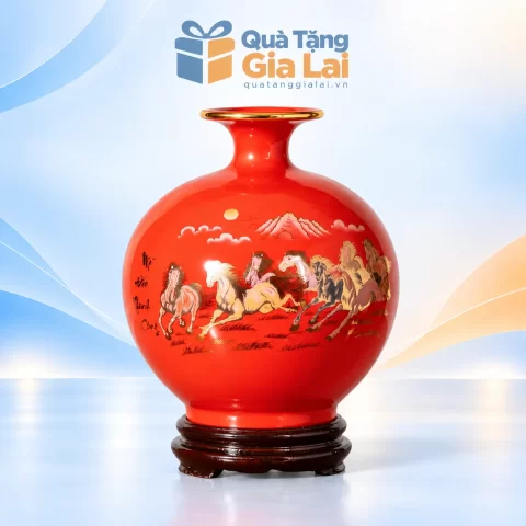 Bình hút lộc Bát mã H22 men đỏ kèm đế gỗ màu sẫm