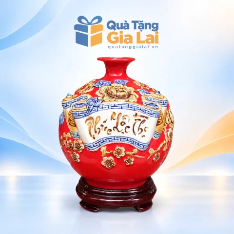 Bình hút lộc cuốn thư Phúc Lộc Thọ men đỏ cùng đế gỗ