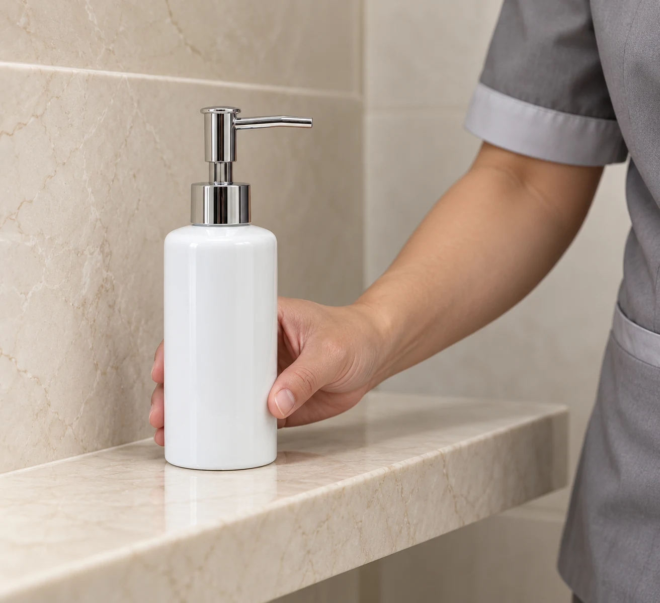 Nhân viên đặt bình trắng trơn 260ml lên kệ phòng tắm