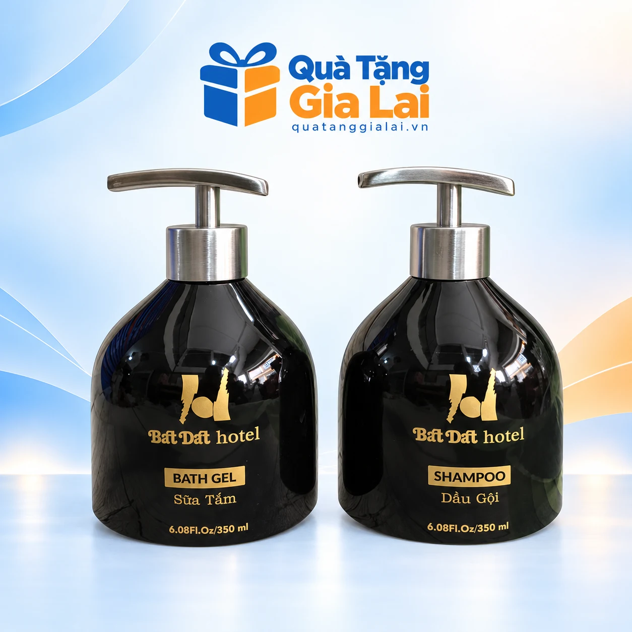 Bình dầu gội dáng bầu 350ml đen bóng với vòi inox