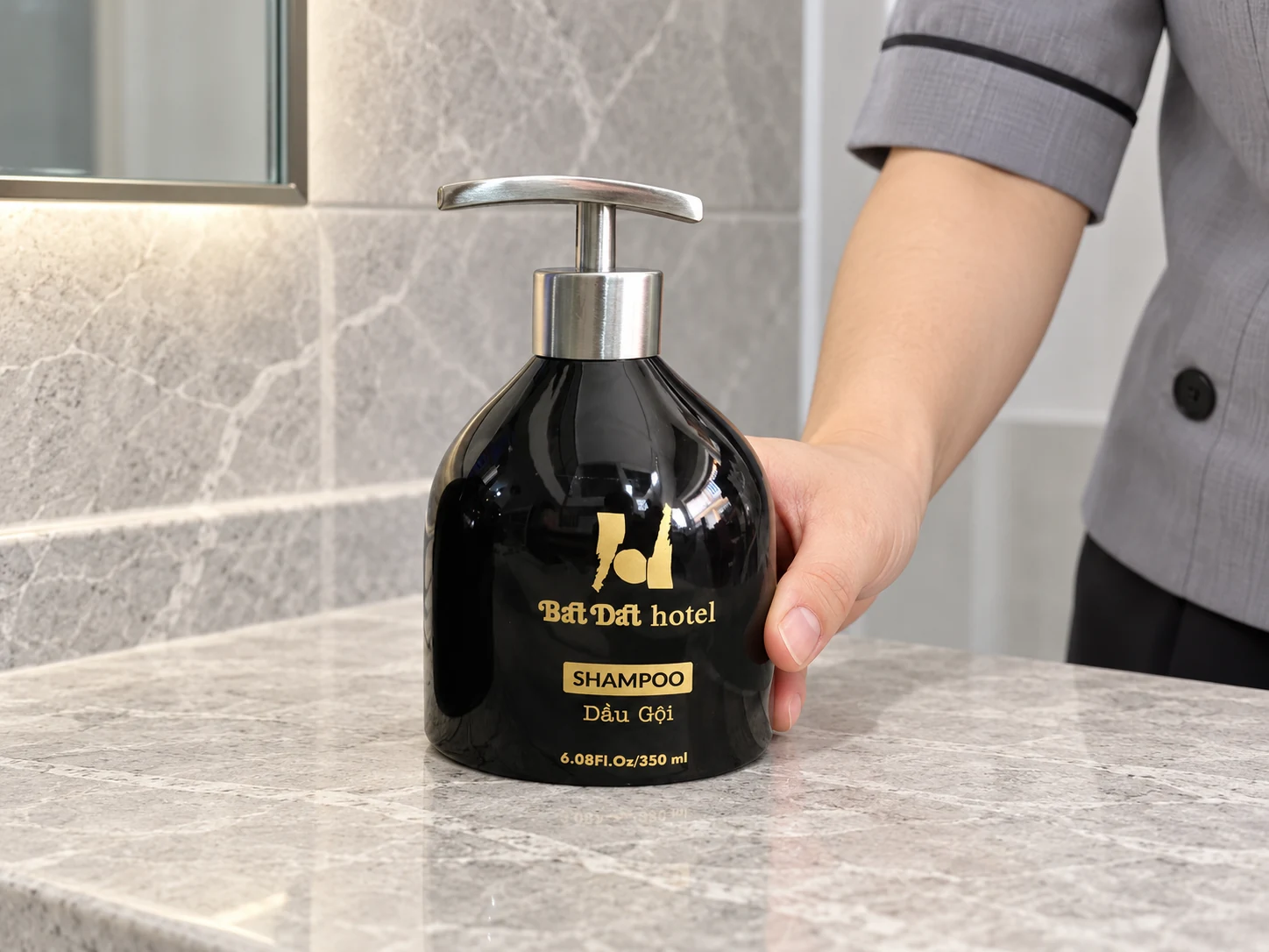 Nhân viên đặt bình dầu gội đen 350ml trên kệ phòng tắm