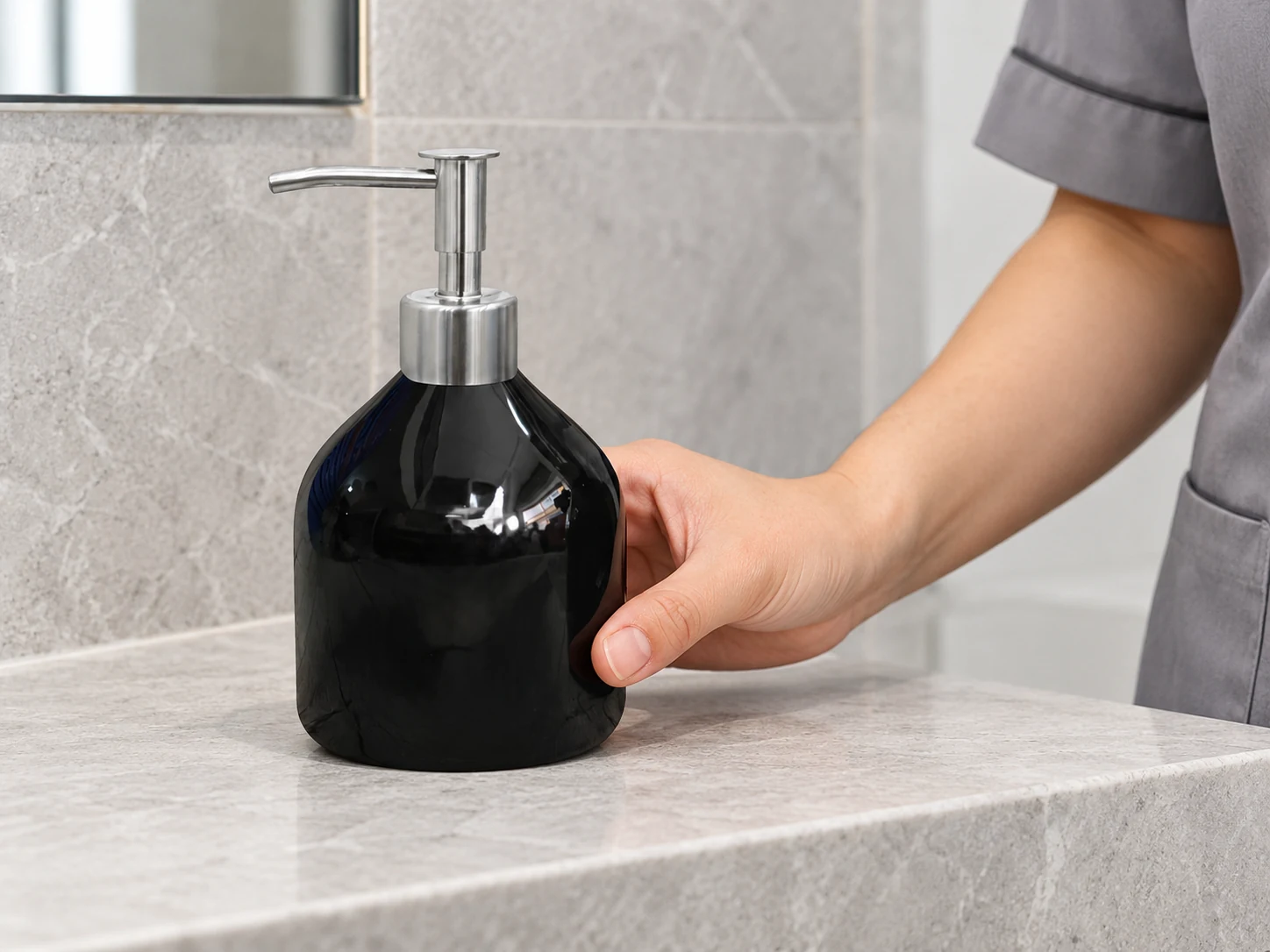 Đặt bình dầu gội đen 350 ml lên kệ phòng tắm