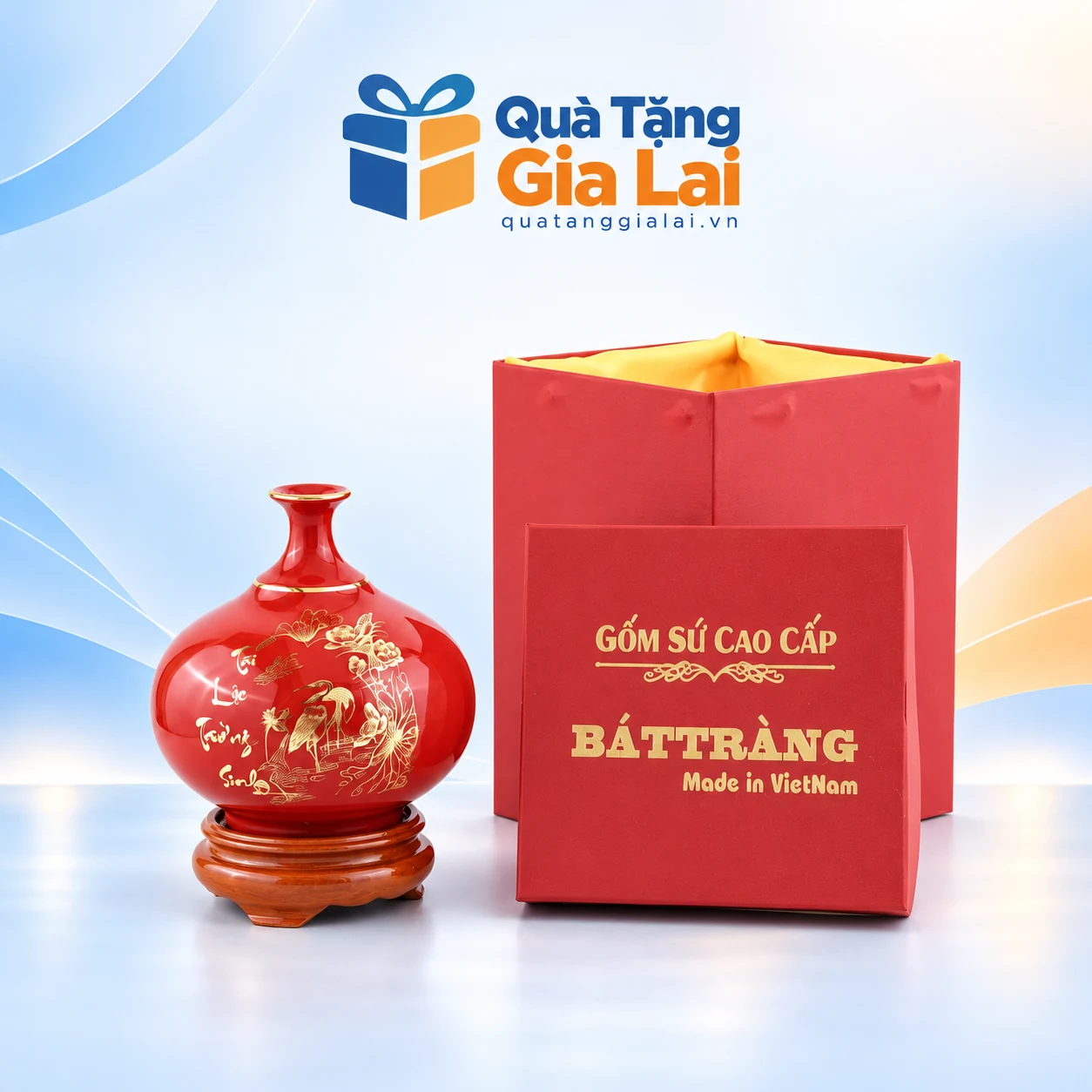 Bình hút lộc men đỏ Tài Lộc Trường Sinh cùng đế gỗ và hộp đỏ