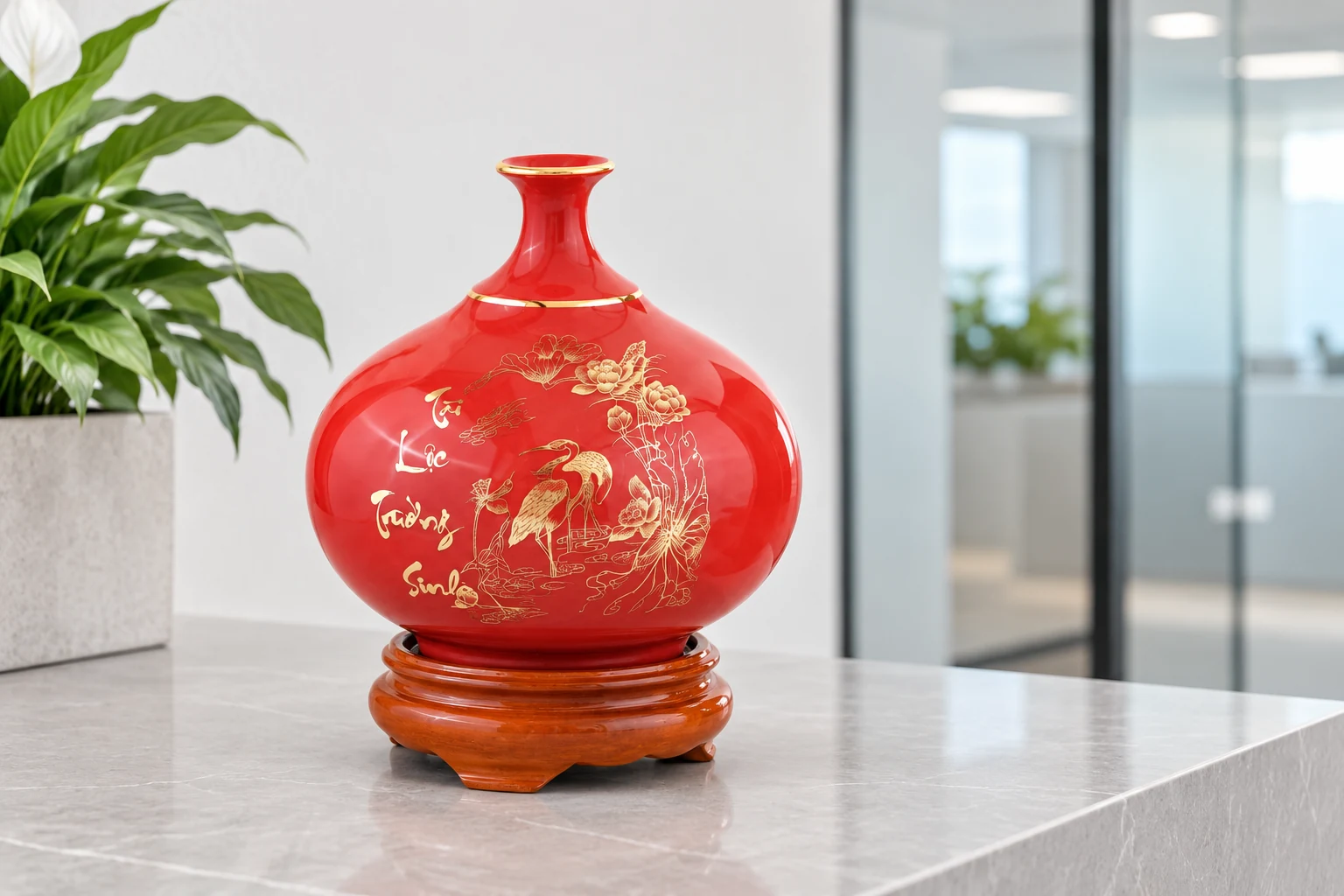 Bình Tài Lộc Trường Sinh men đỏ tại khu vực tiếp khách