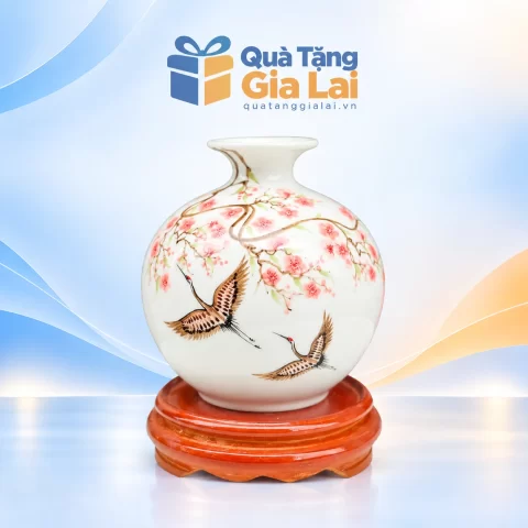 Bình hút lộc vẽ tay H18 hoa màu hồng đôi hạc cùng đế gỗ