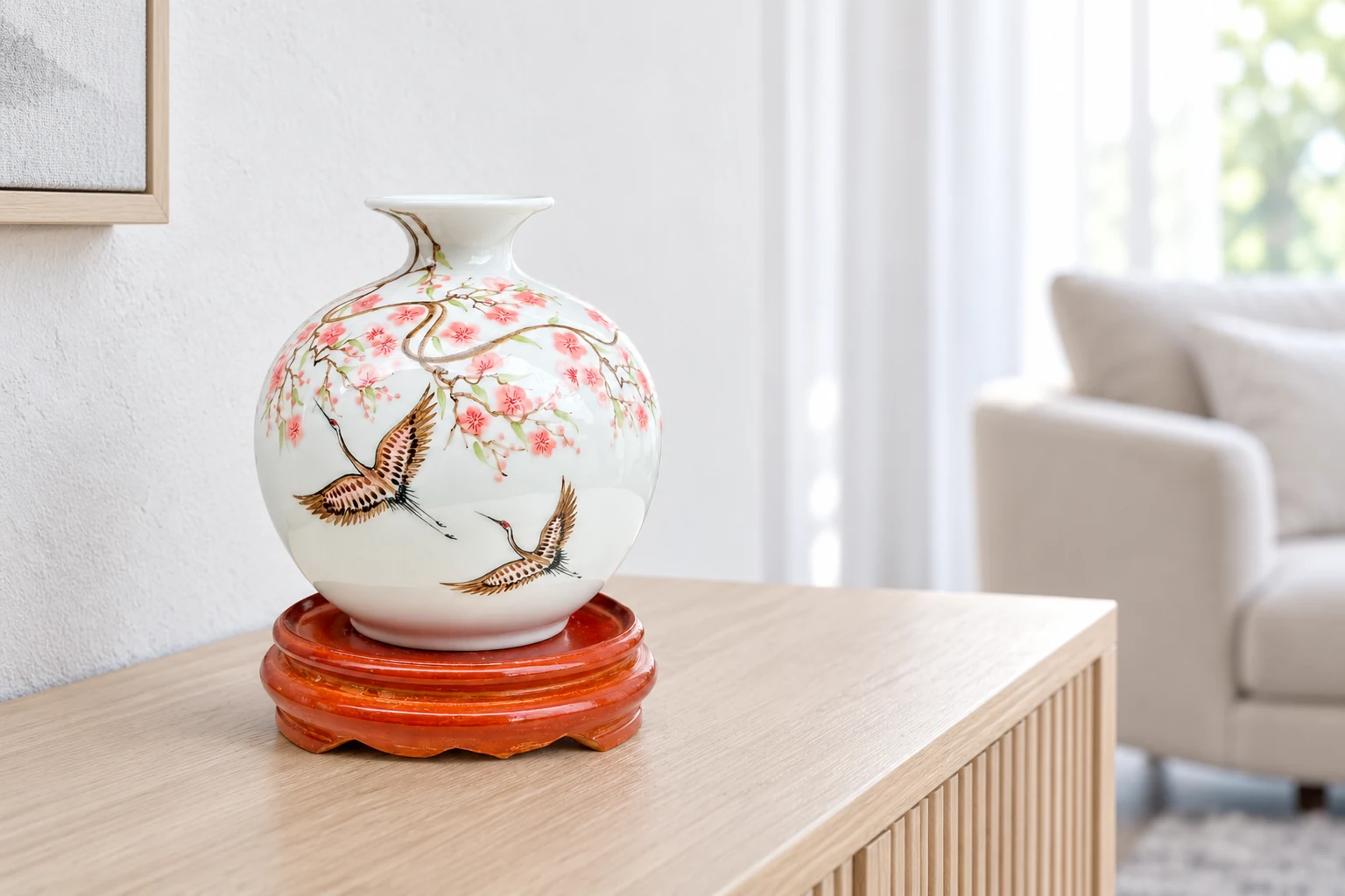 Bình hoa màu hồng đôi hạc H18 trong phòng khách sáng