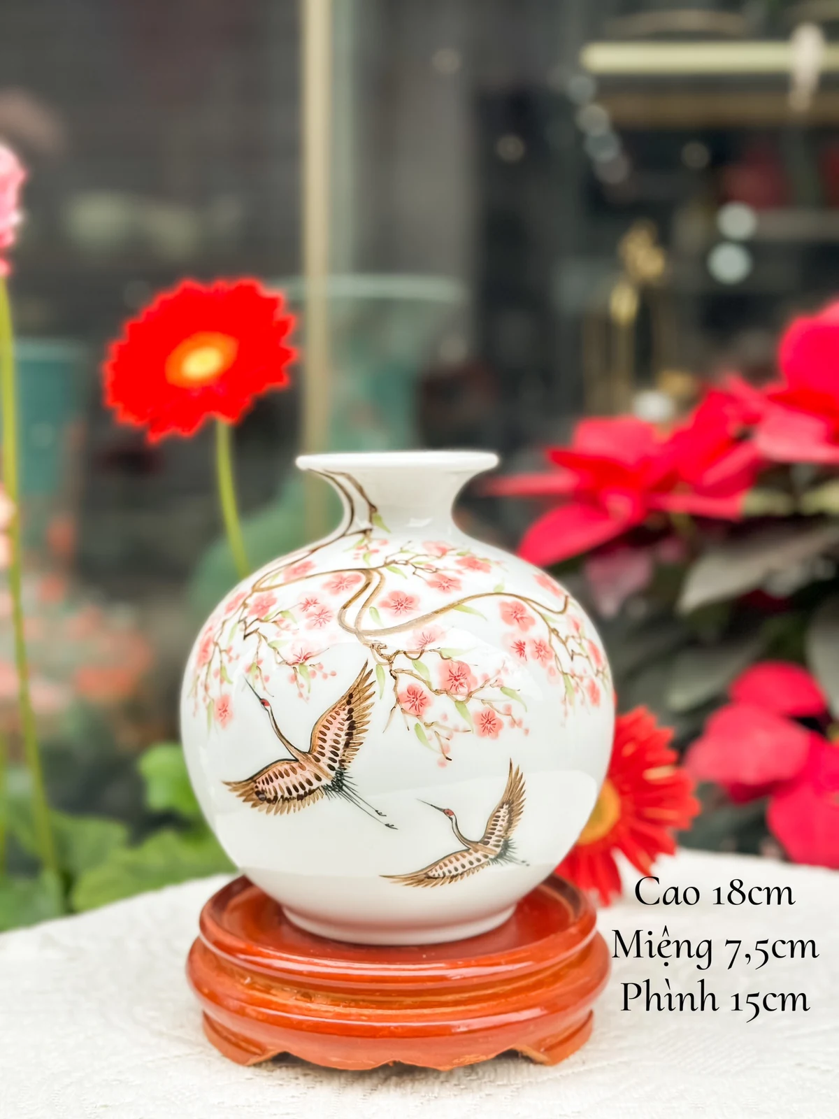 Bình hoa màu hồng đôi hạc H18 ghi kích thước 18 cm