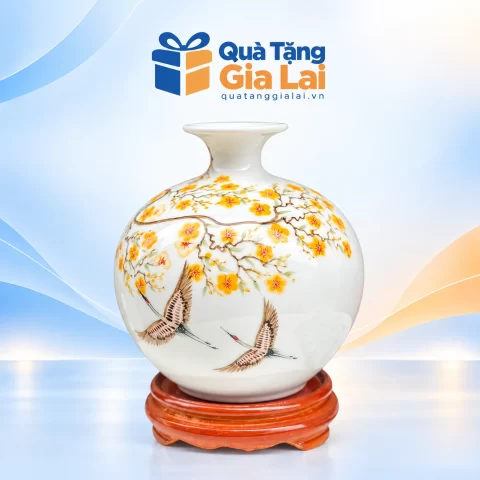 Bình hút lộc H22 hoa vàng đôi hạc kèm đế gỗ nâu đỏ