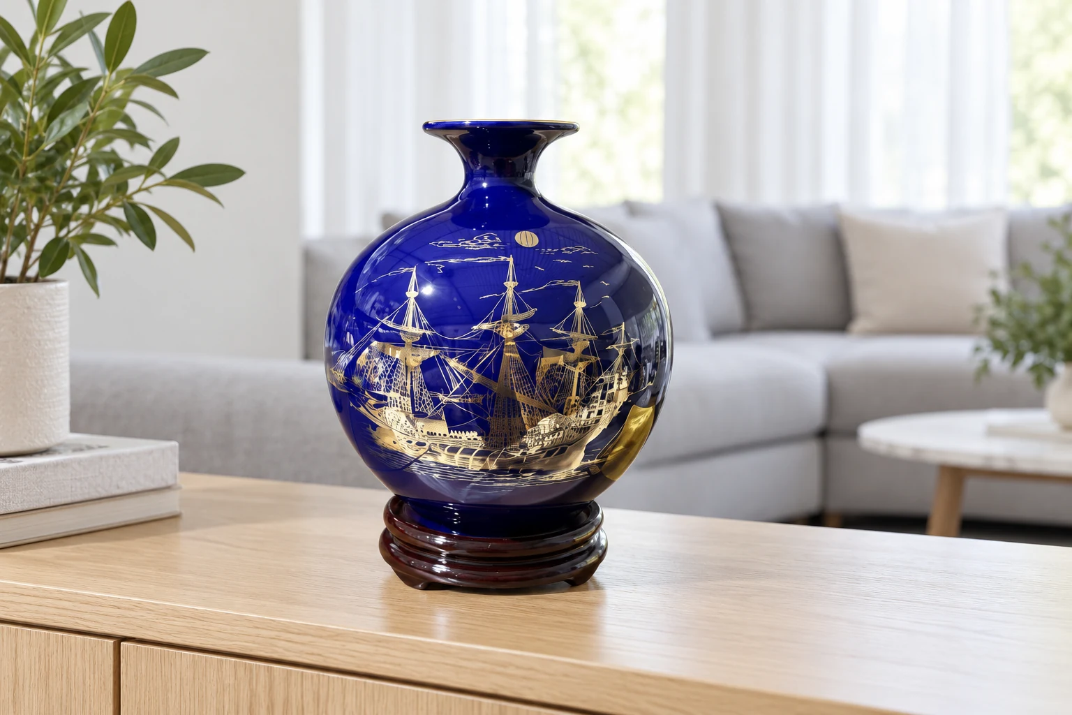 Bình thuyền buồm xanh cobalt trên tủ gỗ sáng trong phòng khách