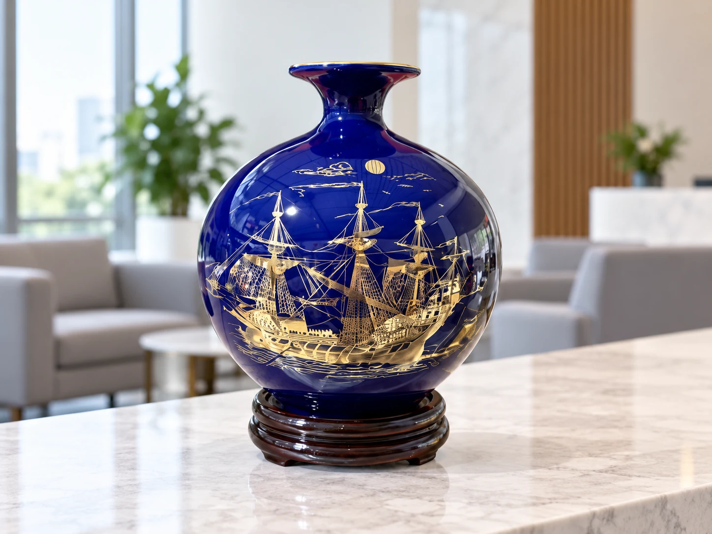 Bình xanh cobalt thuyền buồm trên tủ tiếp khách