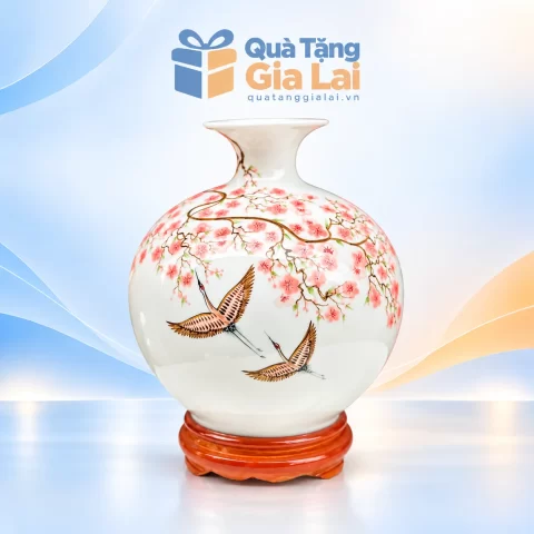 Bình hút lộc H25 men trắng hoa màu hồng đôi hạc kèm đế gỗ nâu cam