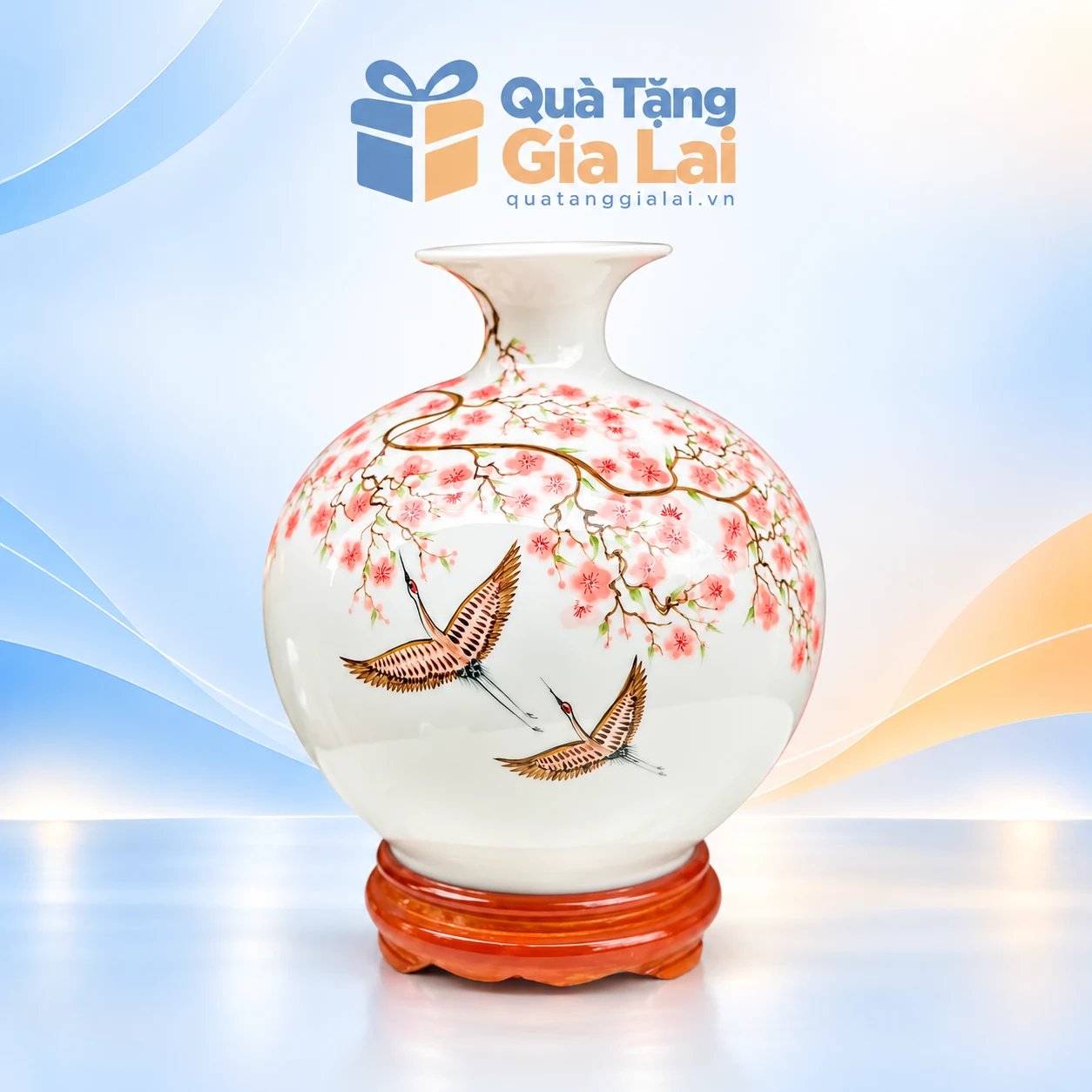 Bình hút lộc H25 men trắng hoa màu hồng đôi hạc kèm đế gỗ nâu cam
