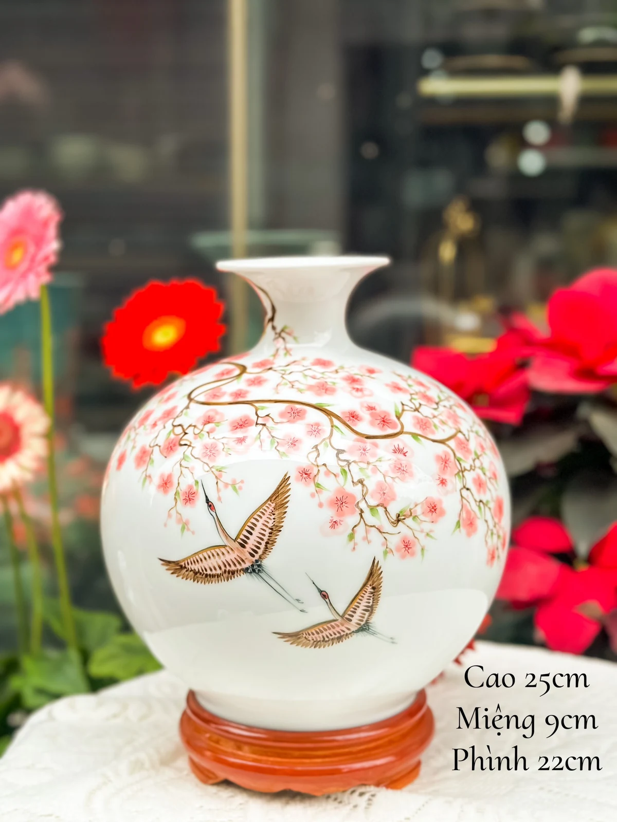 Bình hoa màu hồng đôi hạc ghi cao 25 cm miệng 9 cm thân rộng 22 cm