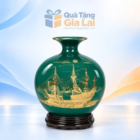 Bình hút lộc H40 xanh đậm vẽ vàng thuyền buồm trên đế tròn màu sẫm