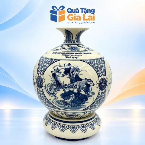 Bình hút lộc Hanh Vàng H18 men rạn hoa sen xanh cùng đế sứ