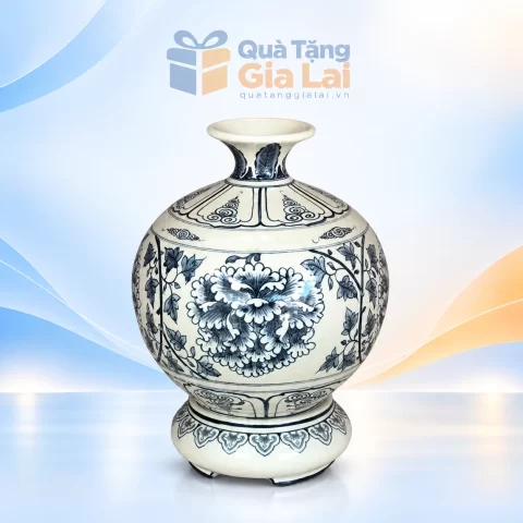 Bình hút lộc Hanh Vàng H25 men rạn hoa xanh kèm đế đồng bộ