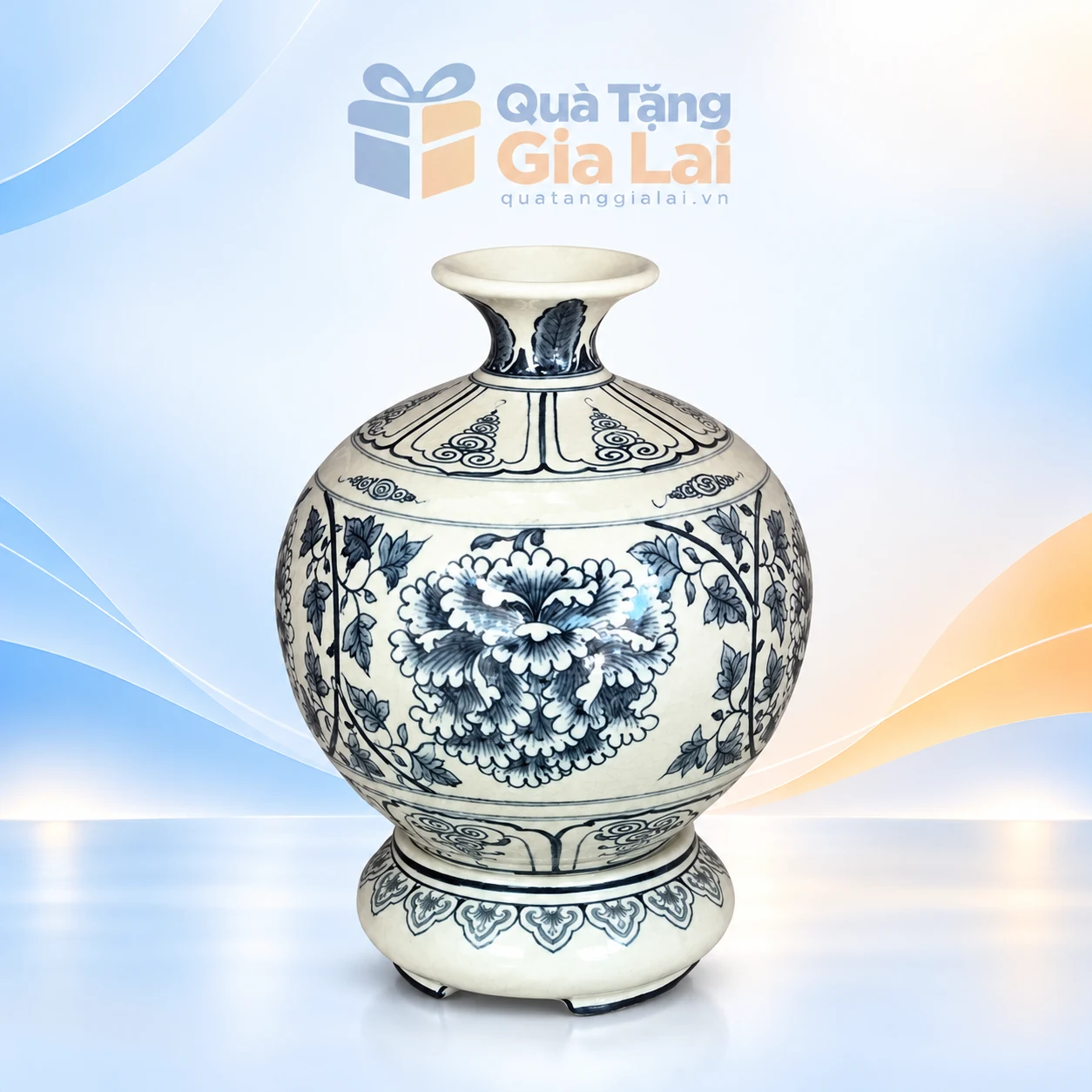 Bình hút lộc Hanh Vàng H25 men rạn hoa xanh kèm đế đồng bộ