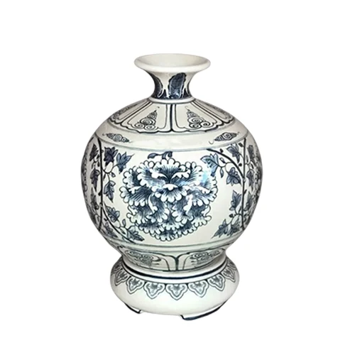 Dáng bình Hanh Vàng men rạn với hoa xanh ở mặt trước và đế cùng họa tiết
