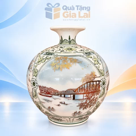 Bình hút lộc H22 men trắng tứ cảnh cầu với viền hoa lá xanh
