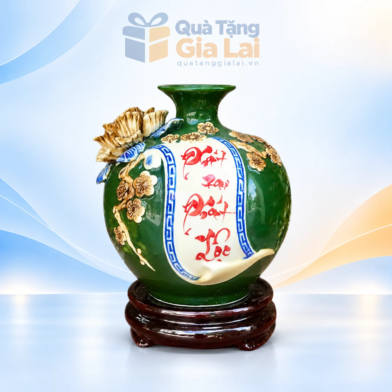 Bình hút lộc Phát tài phát lộc H18 men xanh kèm đế tròn màu nâu