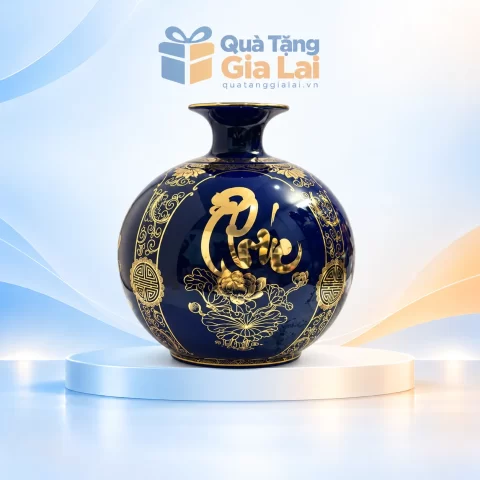 Bình hút lộc tứ cảnh H30 xanh đậm mặt chữ Phúc hoa sen vàng kim
