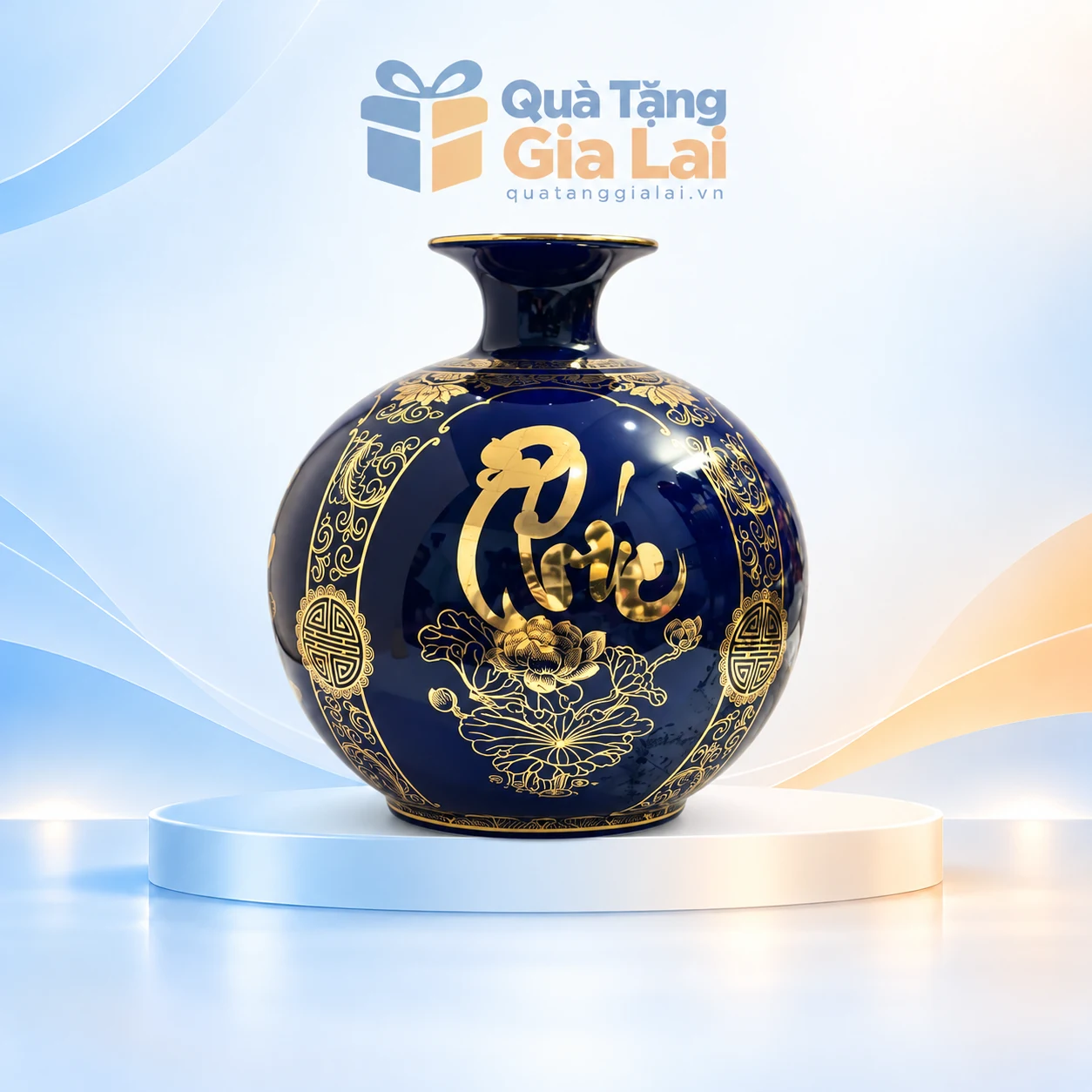 Bình hút lộc tứ cảnh H30 xanh đậm mặt chữ Phúc hoa sen vàng kim