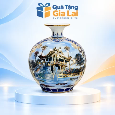 Bình hút lộc xanh trắng vẽ vàng cảnh Chùa Một Cột trên nền Quà Tặng Gia Lai