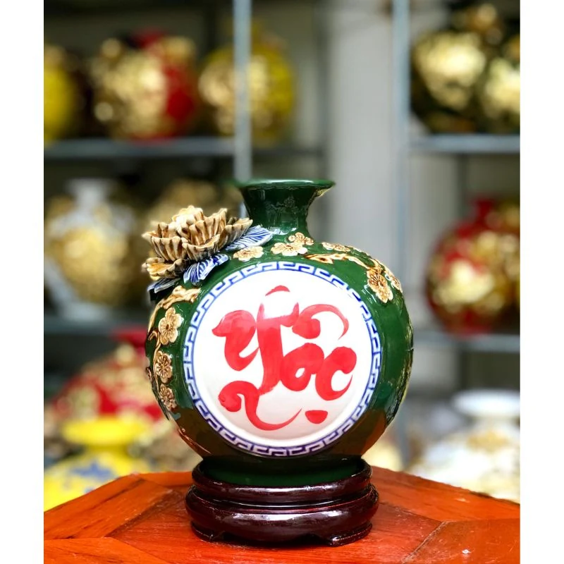 Bình chữ Lộc H18 men xanh lá với khung trắng viền xanh