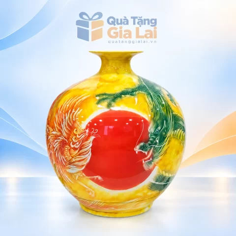 Bình hút lộc Long Phụng H35 men vàng với rồng xanh và phượng cam đỏ