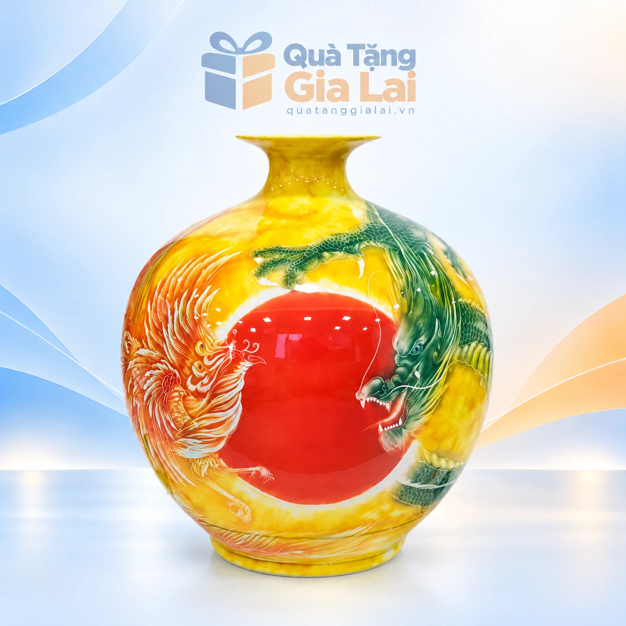 Bình hút lộc Long Phụng H35 men vàng với rồng xanh và phượng cam đỏ