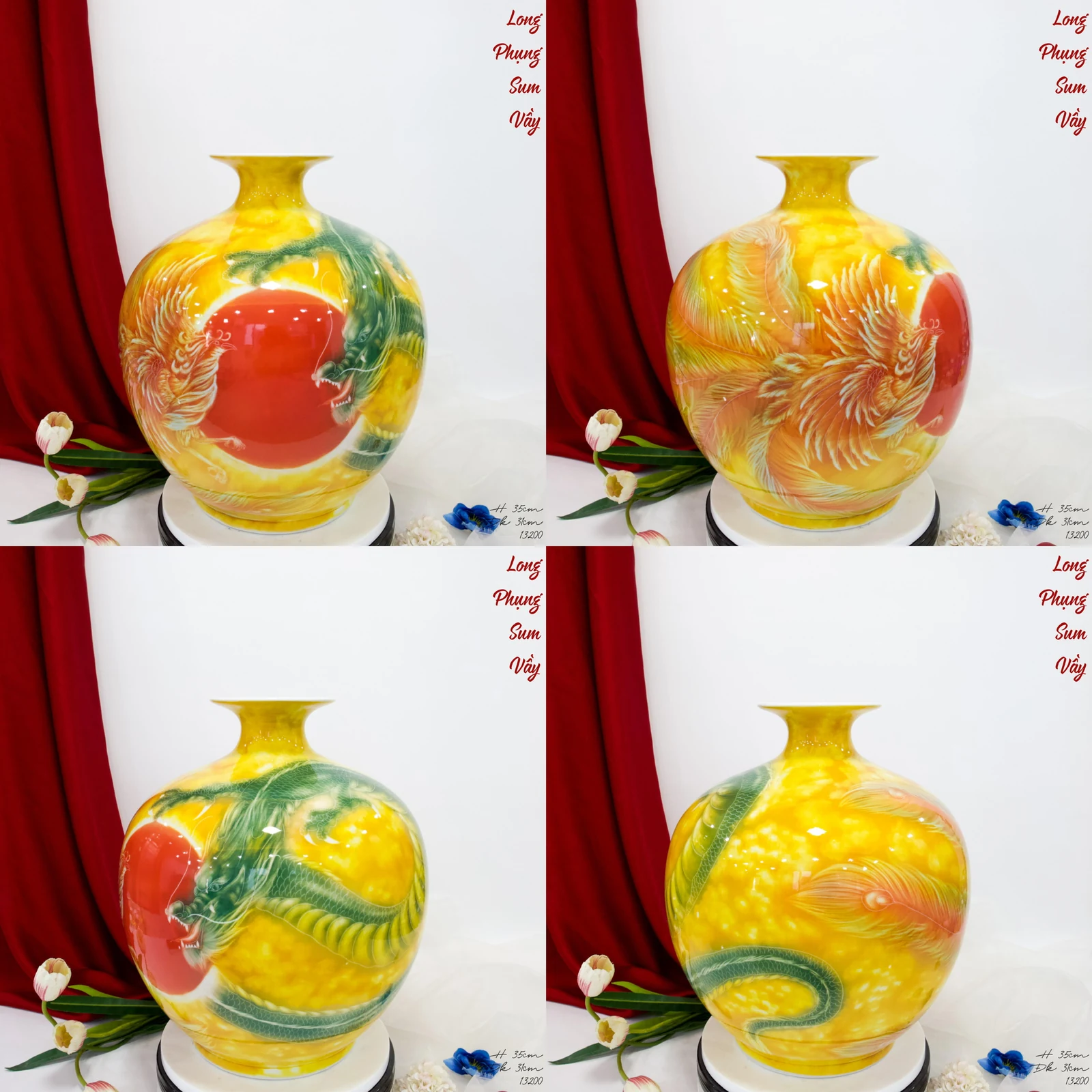 Ảnh chụp nhiều góc bình Long Phụng trên bàn xoay với hoa trang trí
