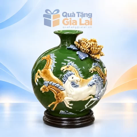 Bình hút lộc Mã đáo thành công H22 men xanh có đàn ngựa nổi và đế tròn sẫm