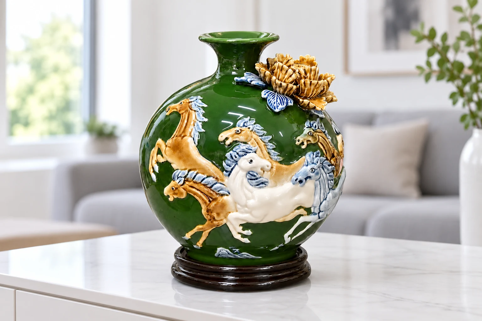 Bình Mã đáo men xanh cùng đế tròn trên tủ phòng khách