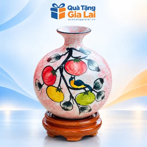 Bình hút lộc men xước H22 nền hồng quả và chim kèm đế gỗ