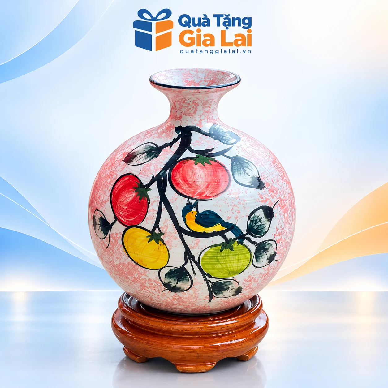 Bình hút lộc men xước H22 nền hồng quả và chim kèm đế gỗ