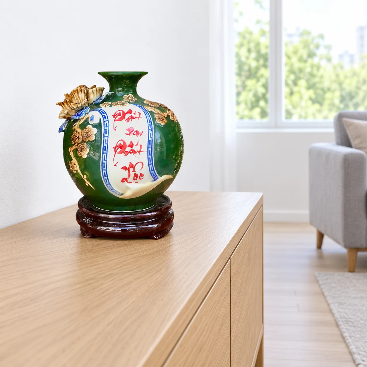 Bình hút lộc Phát tài phát lộc men xanh đặt trên tủ trong phòng khách