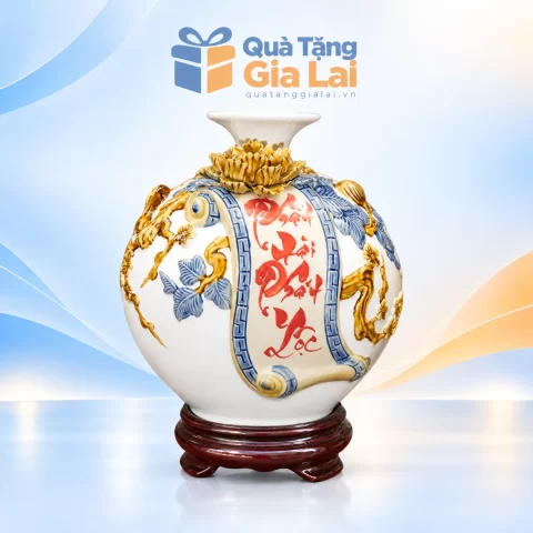 Bình hút lộc Phát tài phát lộc H22 men trắng chữ đỏ trên đế nâu có chân