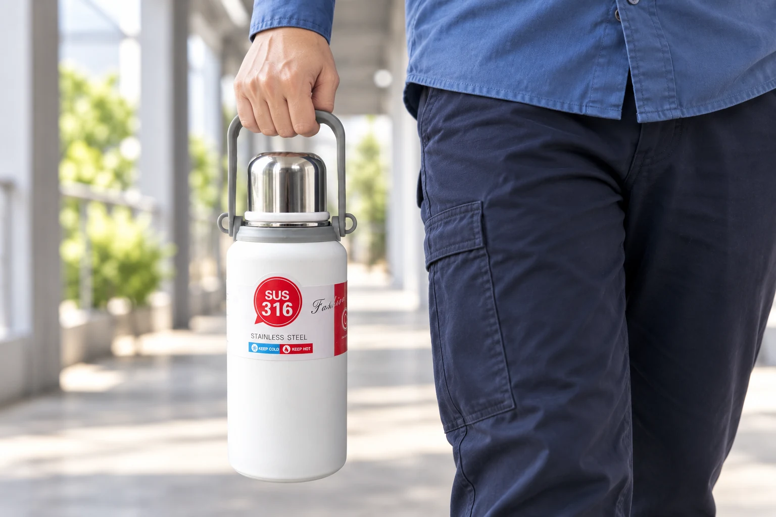 Người mặc áo xanh xách bình 1500 ml màu trắng bằng quai xám