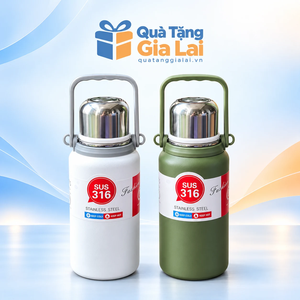 Bình giữ nhiệt quai xách 1500 ml màu trắng và xanh rêu